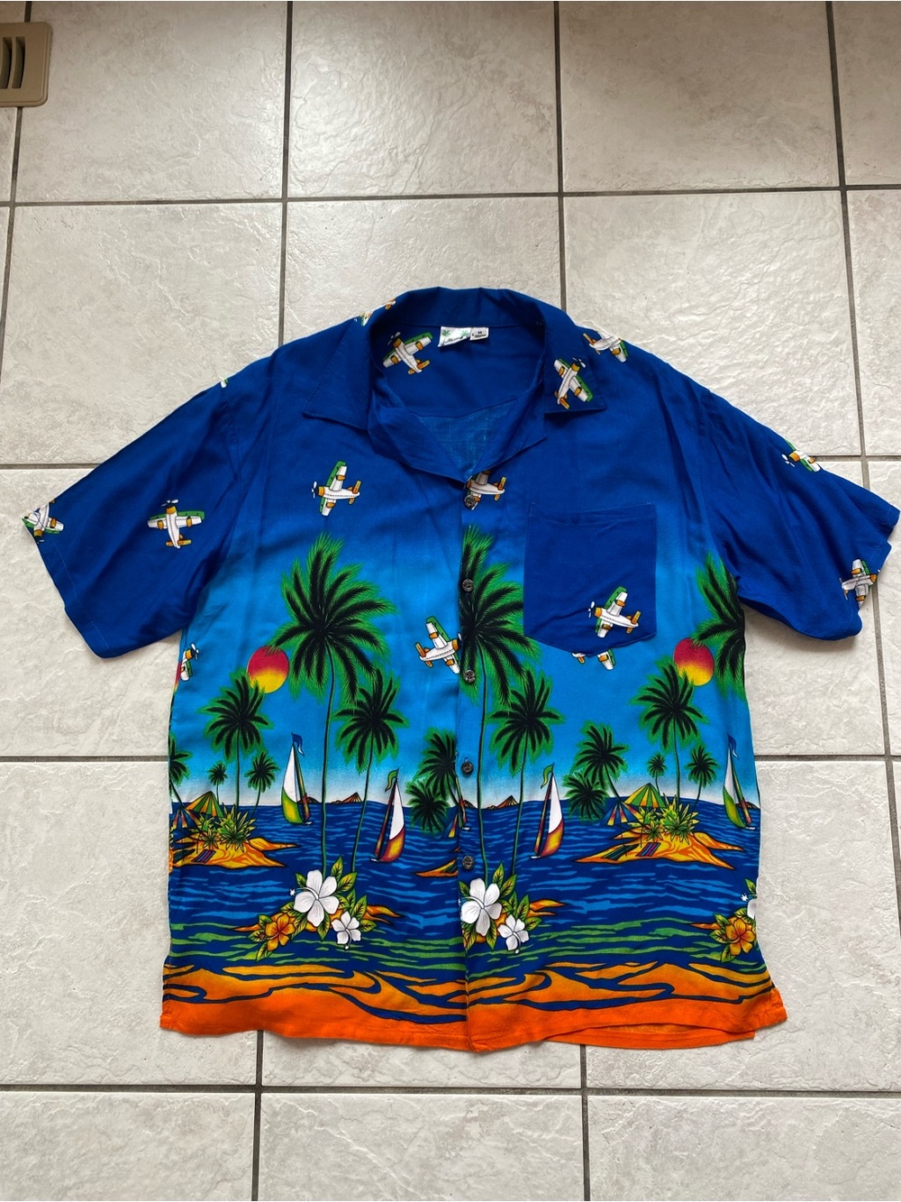 Vintage Hawaiian Shirt Mens Blue Tropical Island Palm Tree Airplane Camp Top